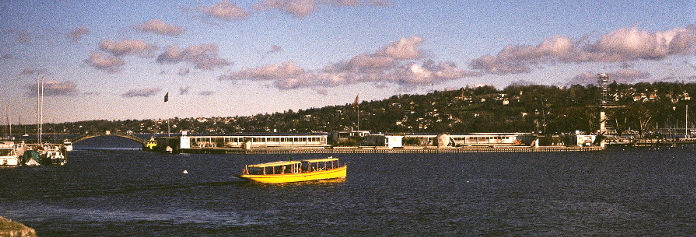 photo de bains de paquis en regardant depuis pont du Mont-Blanc avec un bateau jaune des Mouettes genevoises qui passe devant