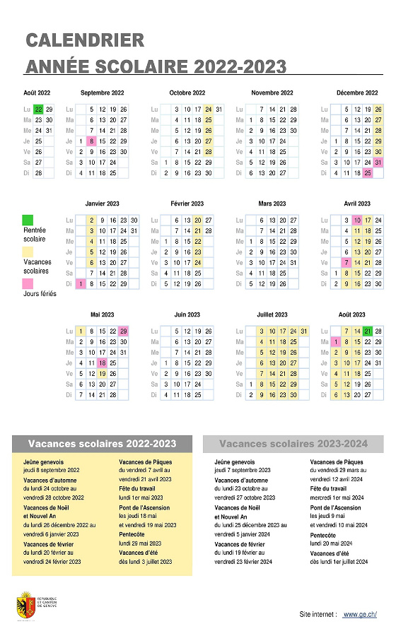 image du calendrier scolaire genevois 2022-2023